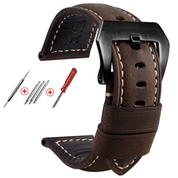 Genuine Cowhide Men's Frosted Handmade Retro Crazy Horse Leather Watch Strap - 26mm (Dark brown black)