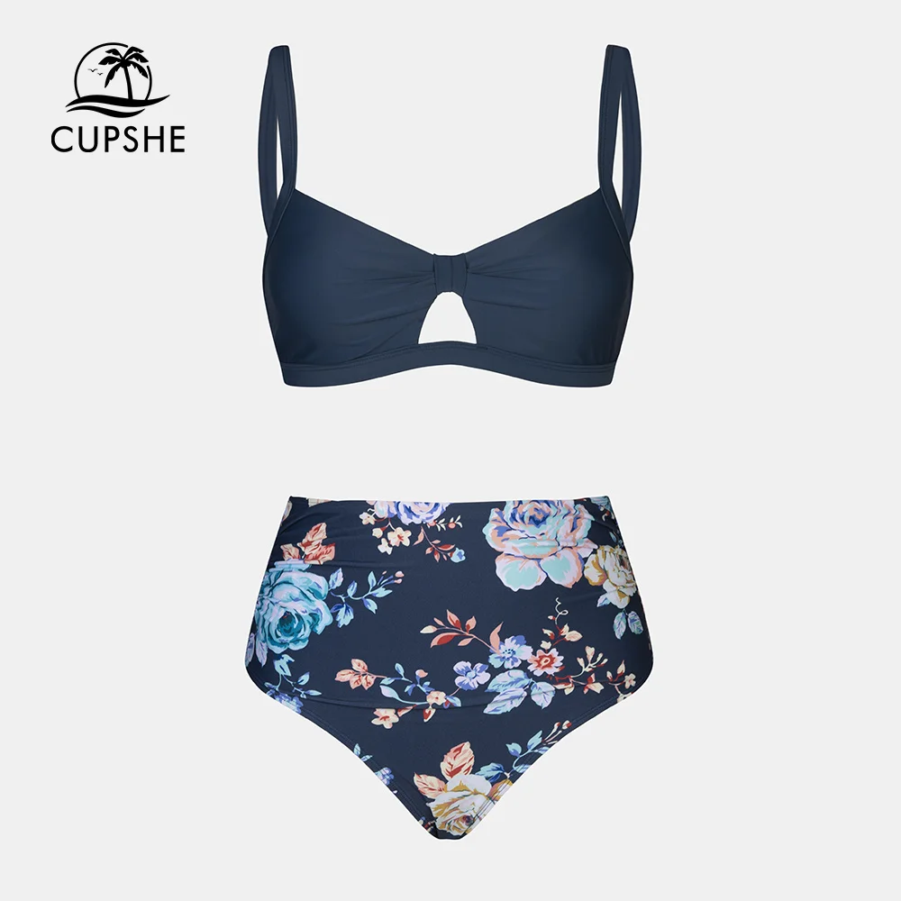 Women Swimsuit Women Two Piece Sets Cupshe Cut Out Back Tie High Waist Bikini Sets Swimsuit Women Blue Floral Sexy Two Pieces Beachwear Bathing Suit Swimwear