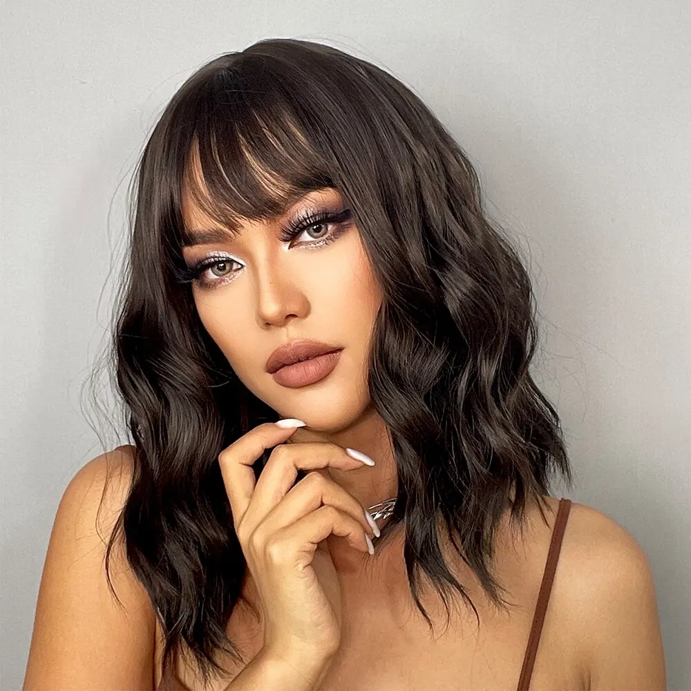 Dark Brown Short Wavy Bob with Bangs for Women - Natural-Look Synthetic Wig for Daily Wear and Cosplay