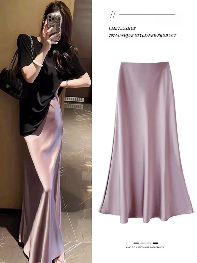 

High Waist Long Skirt For Women Faldas Para Mujeres 2024 Summer New Fashion Multicolor Acetate Satin Hip Skirts Sexy Club Dress