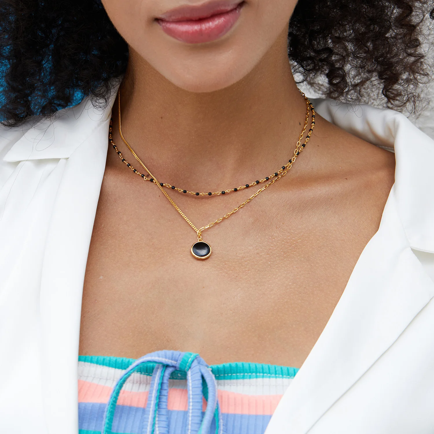 Mother Of Pearl Onyx Silver Double Side Round Disc Pendant Necklace