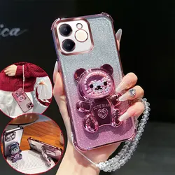 Shockproof Phone Case with Cute Bear Stand and Crystal Chain Lanyard - Glitter Design for Realme Note 70 4G (Pink)