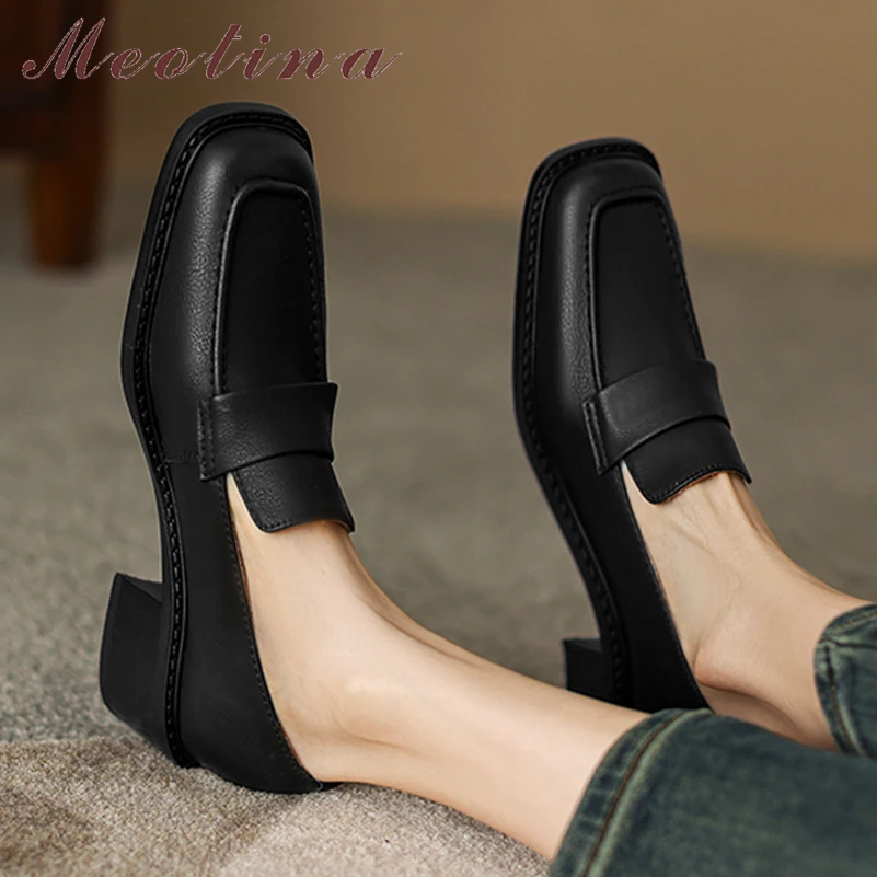

Meotina Women Genuine Leather Square Toe Chunky Mid Heel Pumps Sewing Casual Heels Ladies Fashion Concise Brown Black Shoes