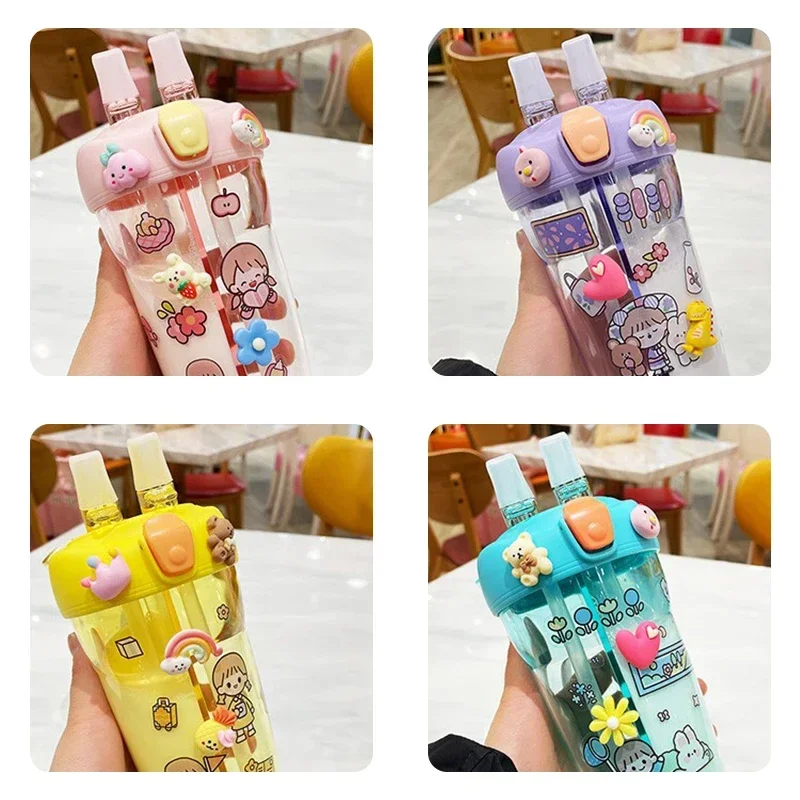 Description Picture 3 of item430ml Cute Children Double Drinking Water Bottle Straw Portable Bottle Student Couple Plastic Cup Gift School Kids