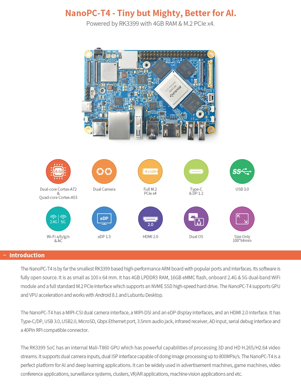 NanoPC-T4 ARM Development Board 4GB LPDDR3 RAM 16GB eMMC Rockchip RK3399 Dual-ba