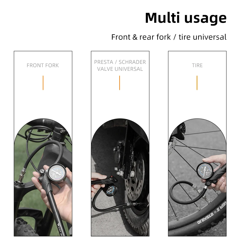 WEST BIKING 300PSI High Pressure Bike Air Pump With Gauge Road Bike Tire Inflator for Fork & Rear Suspension Mountain Bicycle