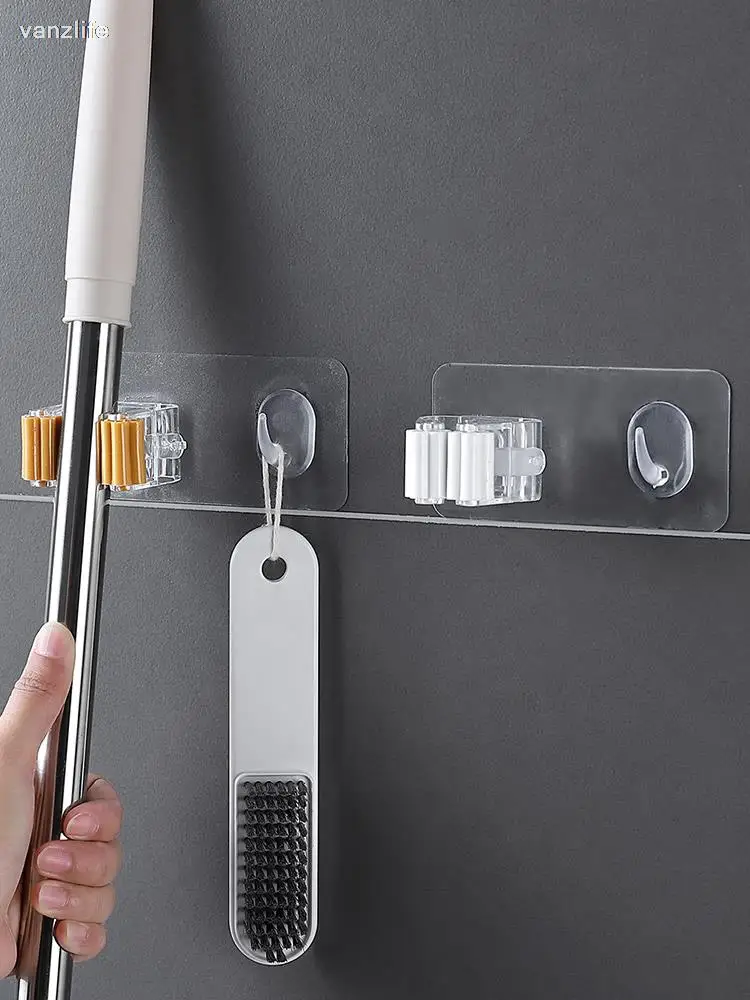 vanzlife Bathroom Wall Hanging Mop Rack Household Strong Paste Mop Hook Broom Storage Card Slot Clip Storage Rack
