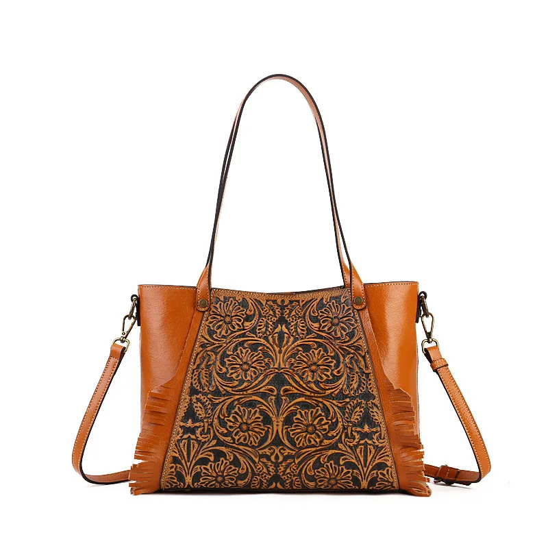 

Floral Women Handbag Genuine Leather Shoulder Bag Large 3D Embossed Flower Female Real Cow Leather Tote Bags