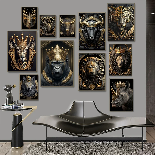 Metal Sculpture Gorilla King Canvas Painting Golden Lion Tiger Deer Bull Poster Art Animal Statue Pictures for Wall Decoration