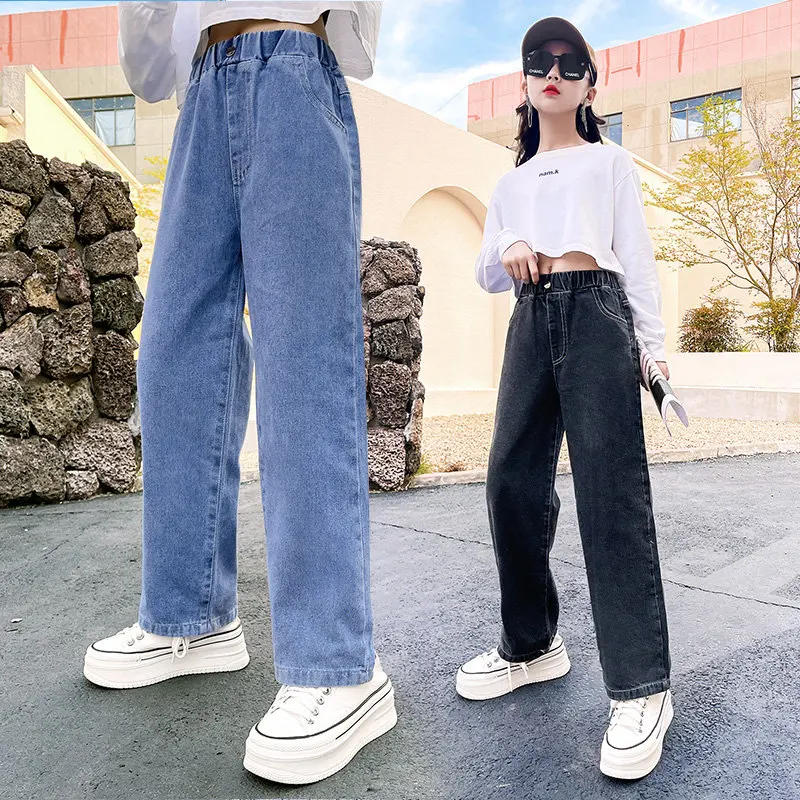 

Japanese Korean Style Girl Spring Autumn Straight Wide Leg Pants Fashion Kids Denim Jeans Teenager Casual Trousers 4-14Years Old