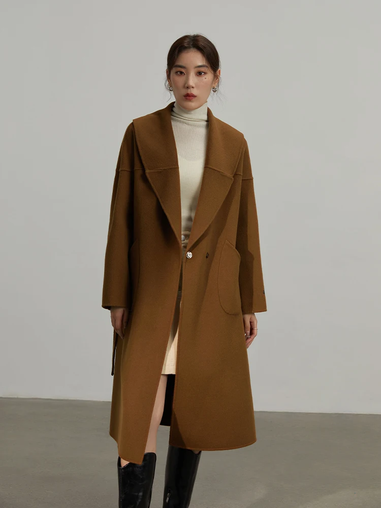 DUSHU 7% 캐시미어 92% 울 기질 긴 모직 재킷, 대형 라펠 디자인, 양면 울 코트, 벨트 디자인, 겨울 재킷