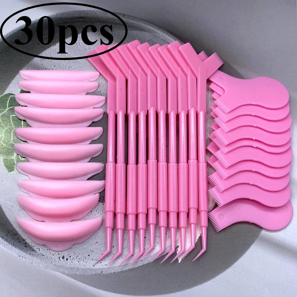 30pcs Eyelash Dying Set Silicone Eyelash Perm Pad Lash Rods Shield Lifting Y-Shape Eyelash Brush Mascara Applicator Makeup Tools