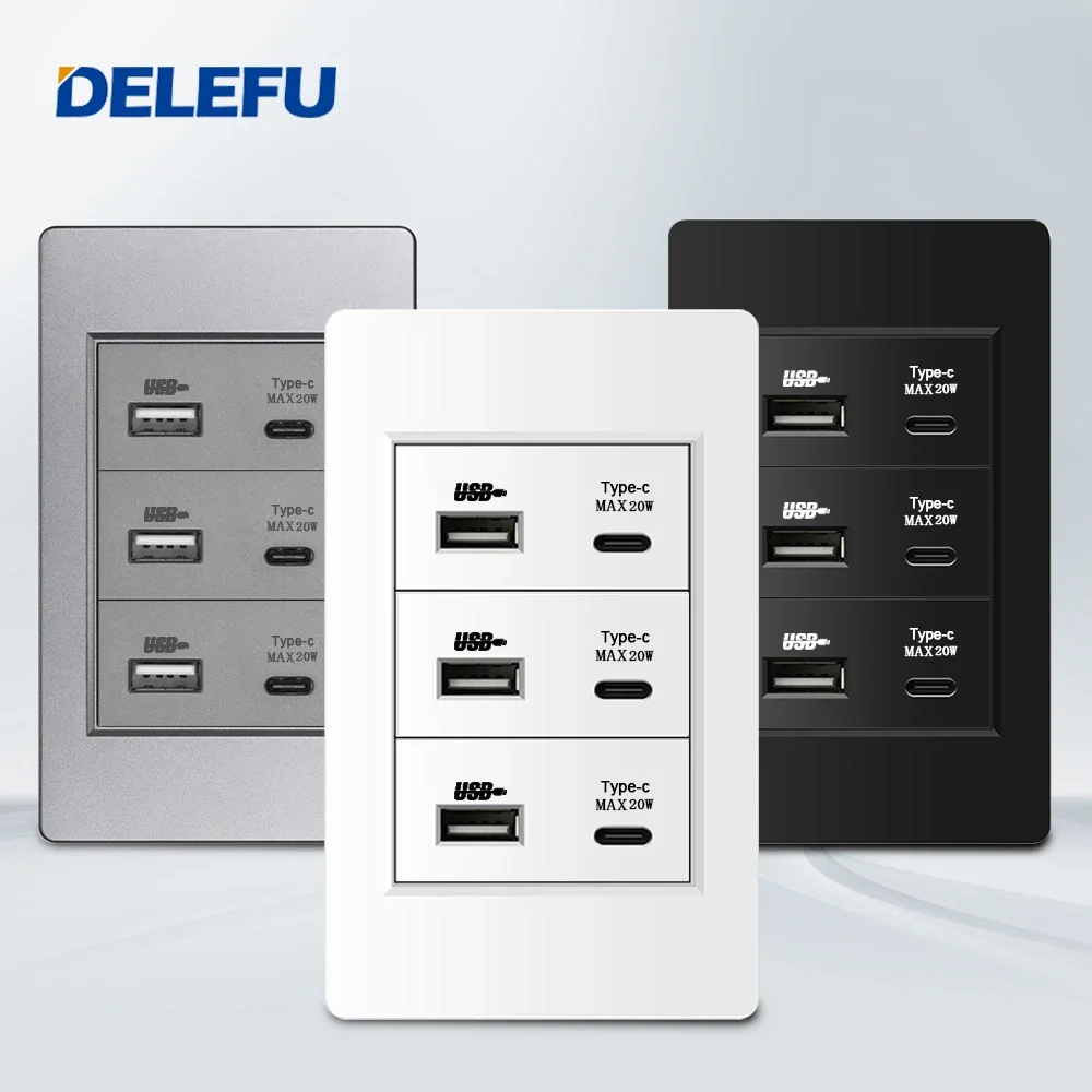 Delefu-painel Retardador de Chamas Porta de Carregamento Rápido 20w Triplo Usb tipo c Saída 118×74 mm 2.1a 5v Unidades