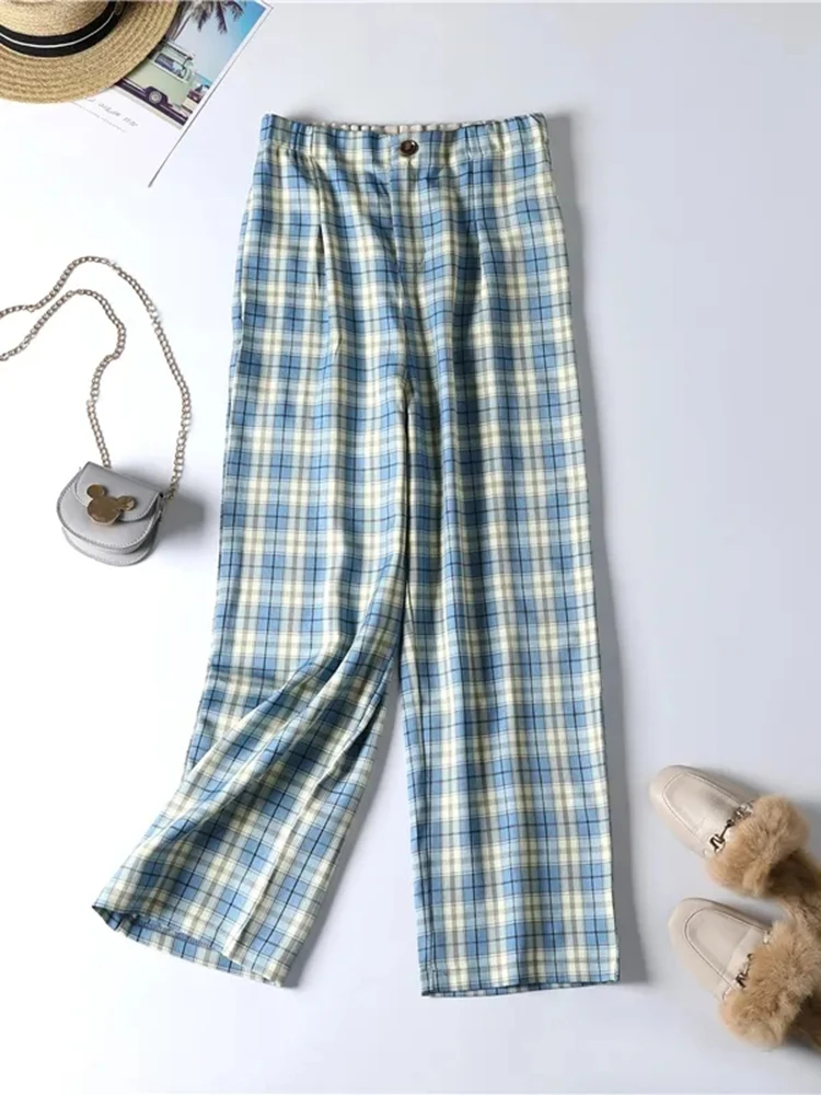 

ZOKI Casual Plaid Women Pants Summer Fashion Blue Ankle-Length Pants Elastic High Waist Button Korean Ladies Pants