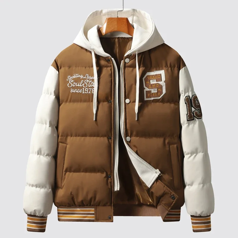 Winter Warm Men's Jacket Streetwear Fake 2 Pieces Windproof Warm Baseball Jacket Down Cotton Padded Coat Fashionable Light Parka