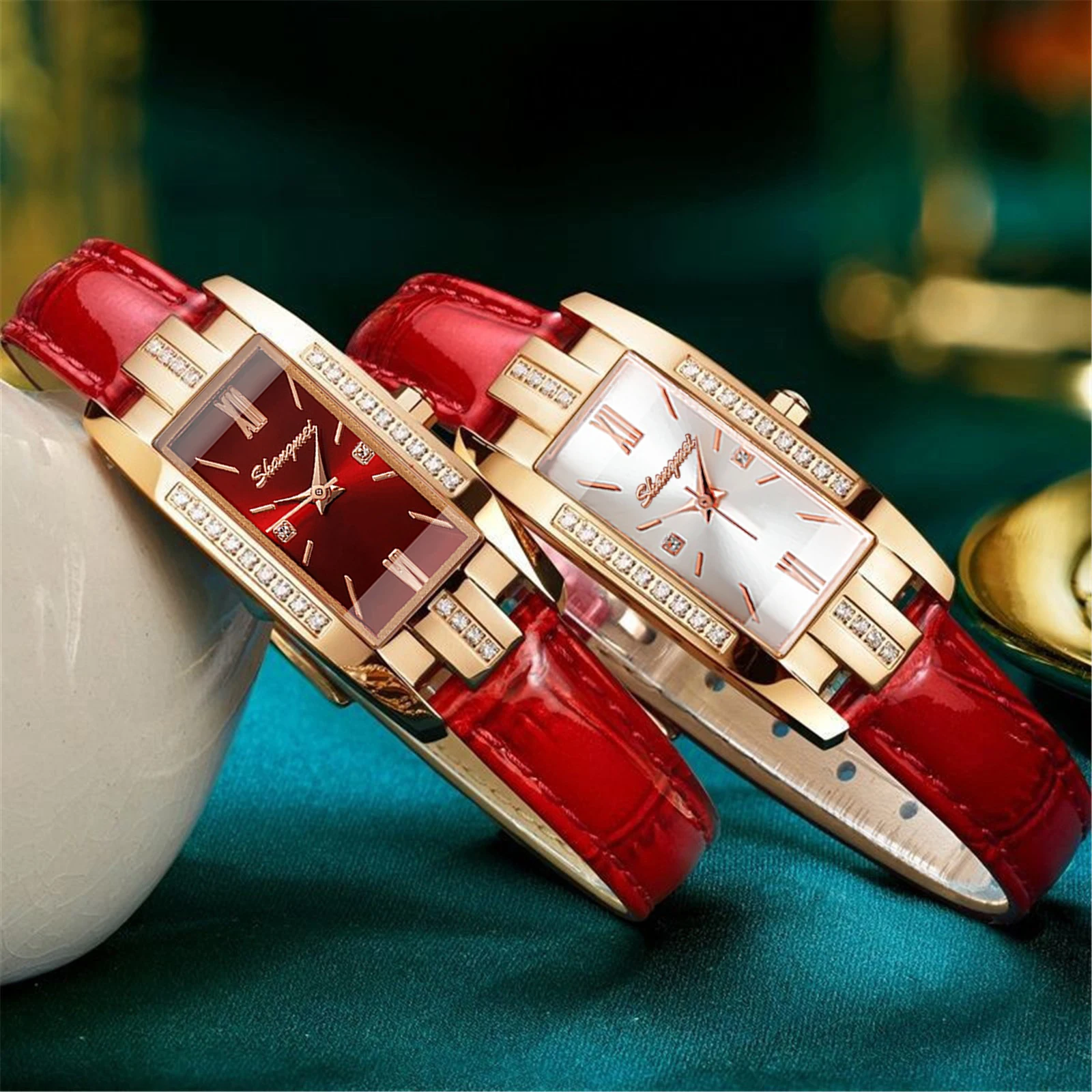 Luxury Fashion Women Leather Strap Rectangle Dial Quartz Watch