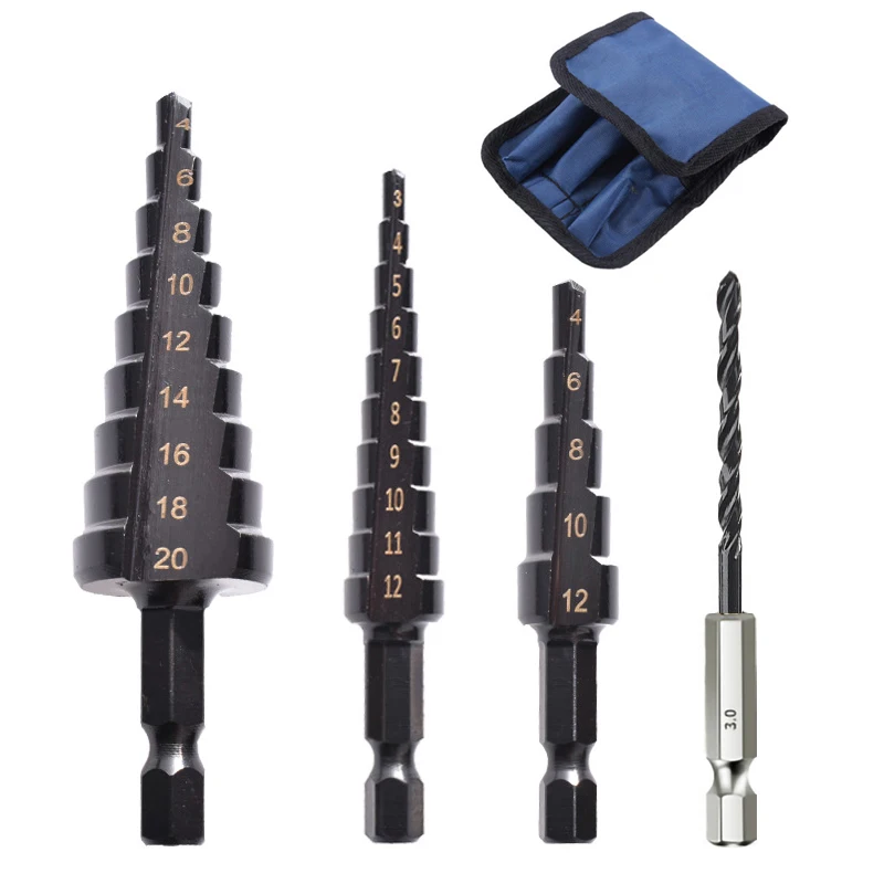 4Pcs/Set 3-12 4-12 4-20mm HSS Straight Groove Step Drill Bit Nitride Twist Drill Wood Metal Hole Cutter Core Drilling Tools Set