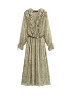 Women Summer Print Dress 2025 Vintage Cascading Ruffle Belt Bwo Long Sleeve Female Elegant Street Dresses Clothing