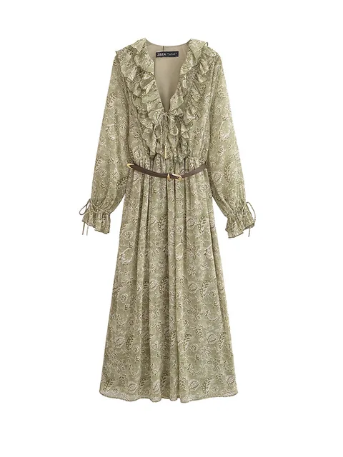 Women Summer Print Dress 2025 Vintage Cascading Ruffle Belt Bwo Long Sleeve Female Elegant Street Dresses Clothing
