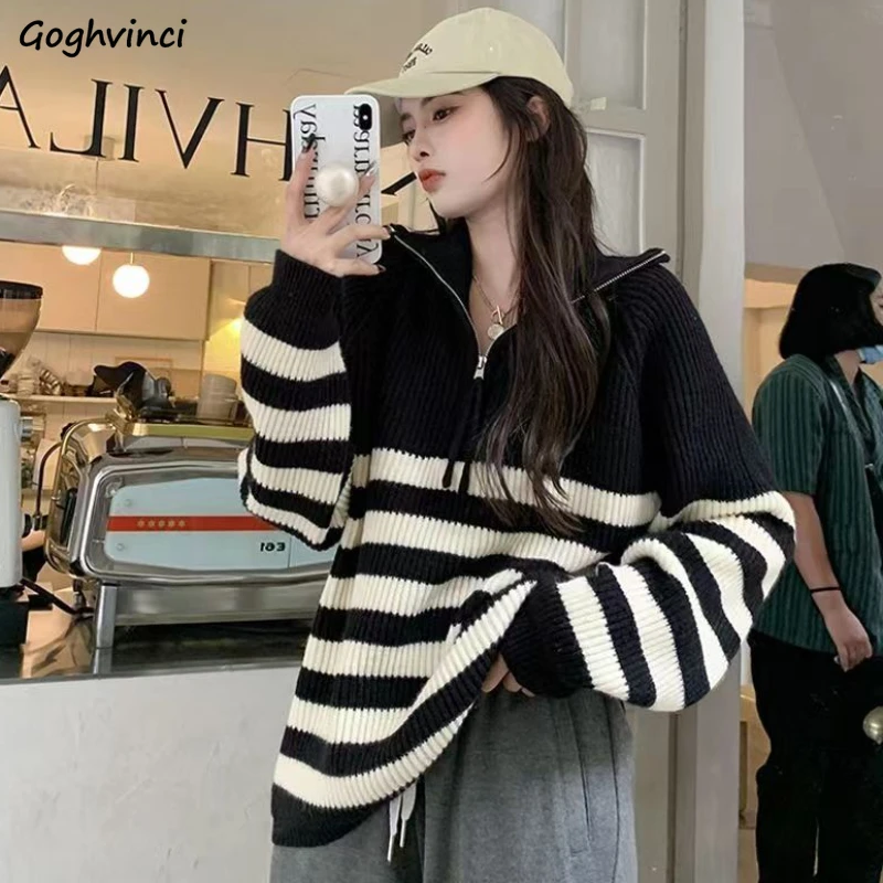 

Pullovers Women Striped Zip-up Turtleneck Sweet College Sweaters Autumn New Stylish Baggy Design All-match Casual Ulzzang Teens