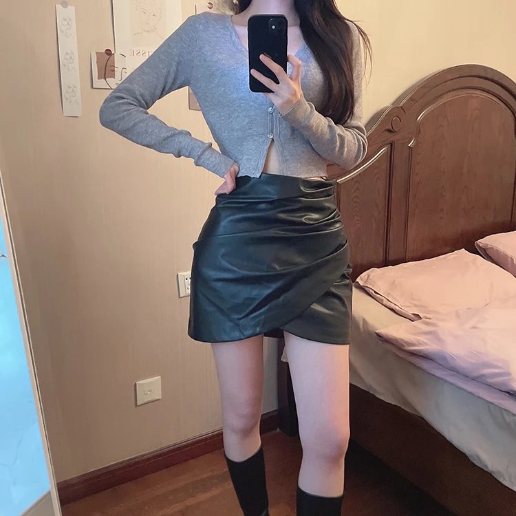 Summer Black Folds Cross Skirt 2022 Women Sexy High Waist Mini Pu Leather Skirts falda mujer long skirts