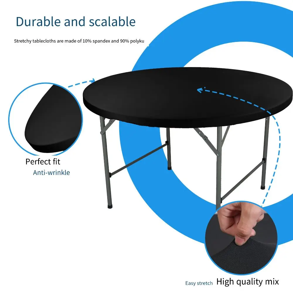 Elastic Round Table Cover Solid Color Diameter 48/60in Stain-Resistant Tablecloth Tear-Proof Folding Picnic Table Cloth Home