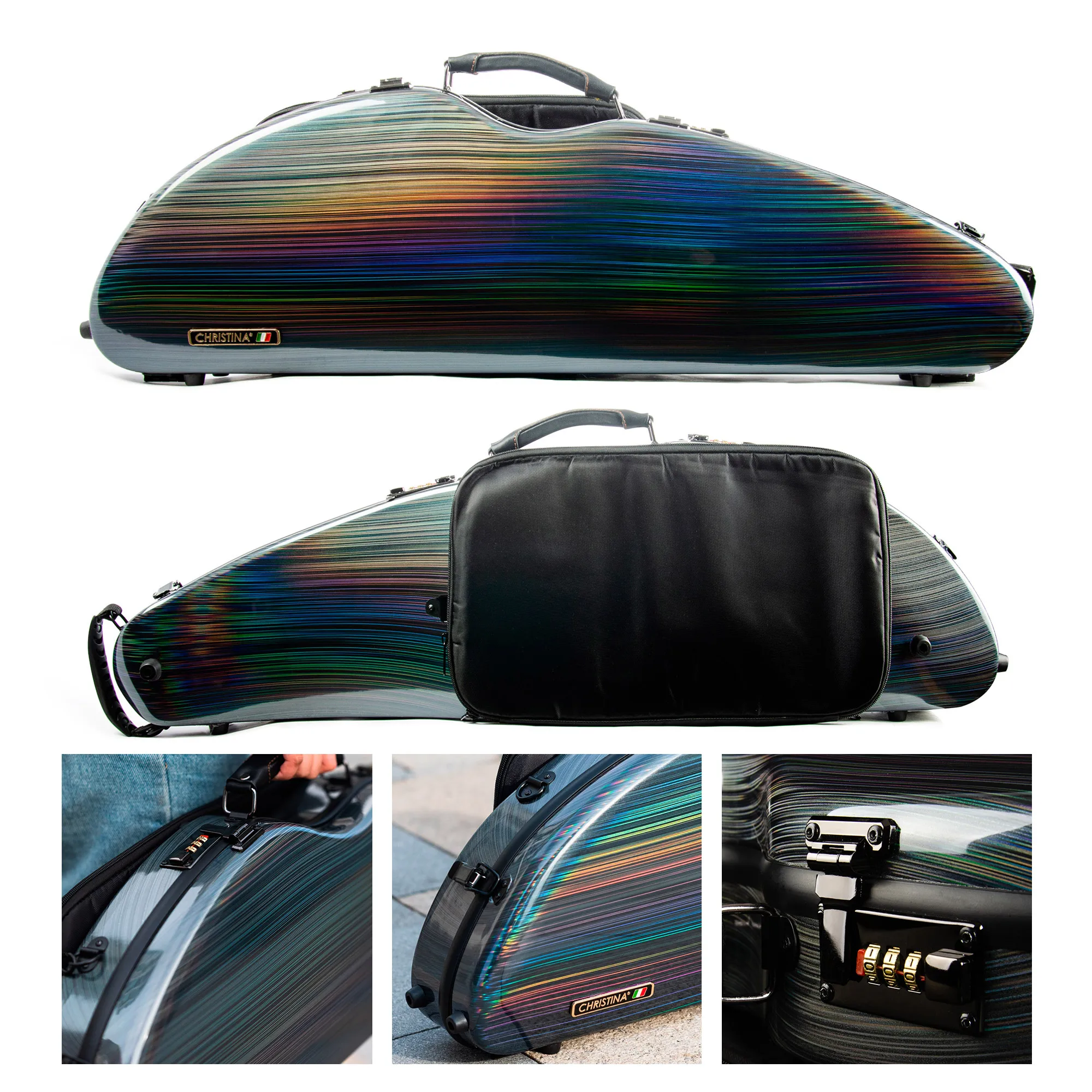 

CHRISTINA Carbon Fiber Violin Case, New Widened Triangle BV05RG Rainbow, Waterproof Lightweight, with Sheet Music Bag Code Lock