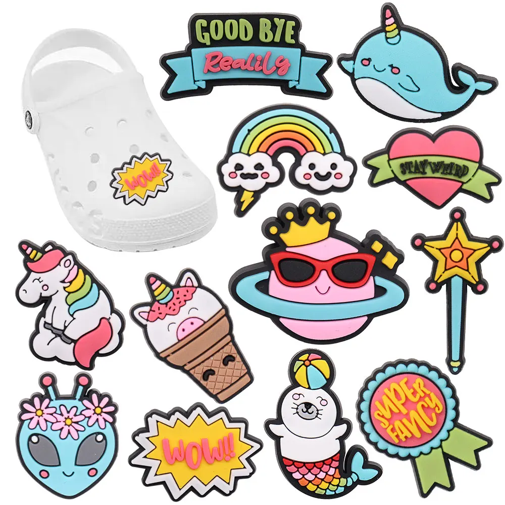 

Good Quality 1-14pcs PVC Shoe Charms Cartoon Alien Planet Whale Rainbow Accessories DIY Shoes Ornaments Fit Wristbands Kids Gift