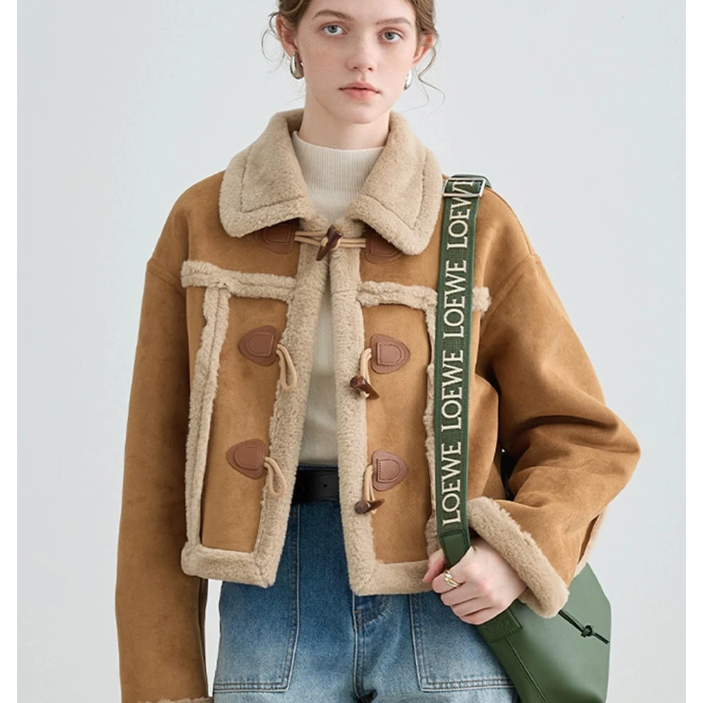 2023 Winter Vintage Style Single Breasted Turn Down Collar Short Jacket For Women Retro Outerwear Fashion Patchwork Coat