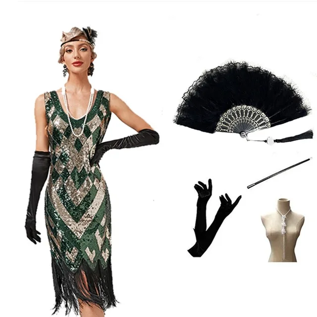 1920s Flapper Dress Set With Fringe & Sequins — Great Gatsby Party Costume & Accessories