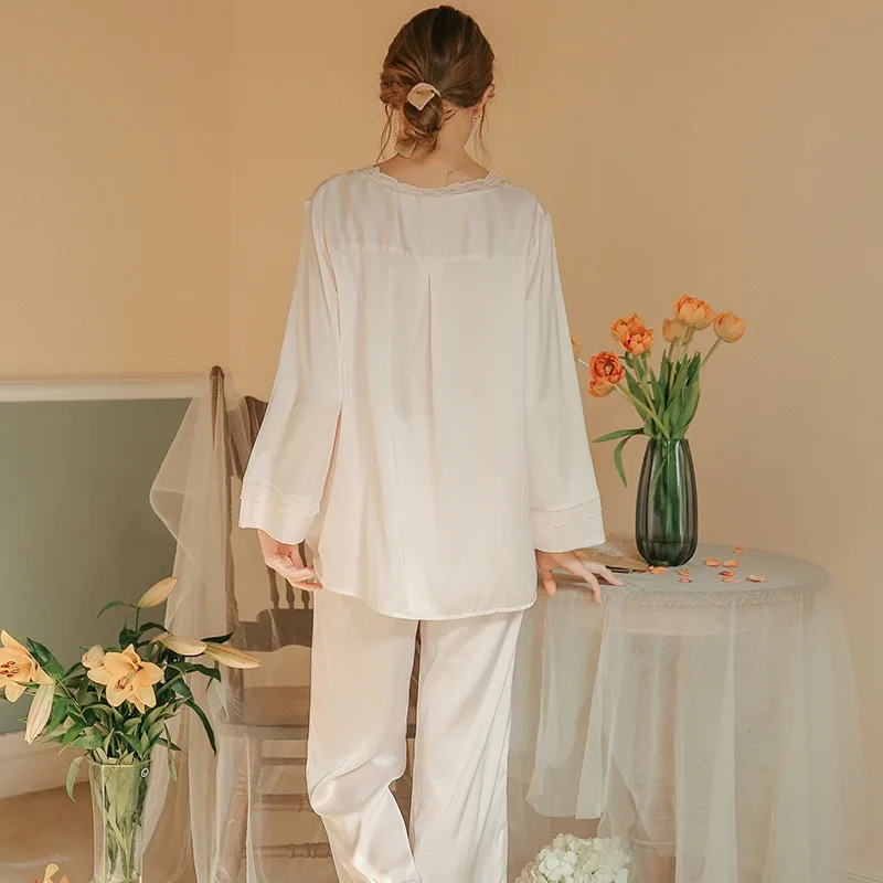 SXTHAENOO Spring Ice silk Women Pajama Set Two Pieces Long Sleeve Pants Home Clothes Night Wear Fashion Cardigan Pink Nightwear