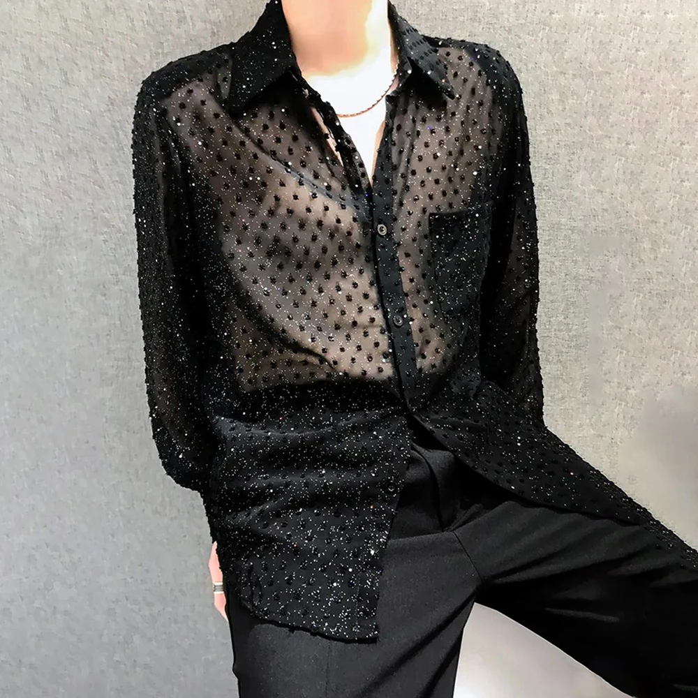 

Mens Sexy Mesh See-Through Long-Sleeved Shirt Autumn Genderless Fashion Youth Nightclub Shiny Breathable Performance Top Unisex