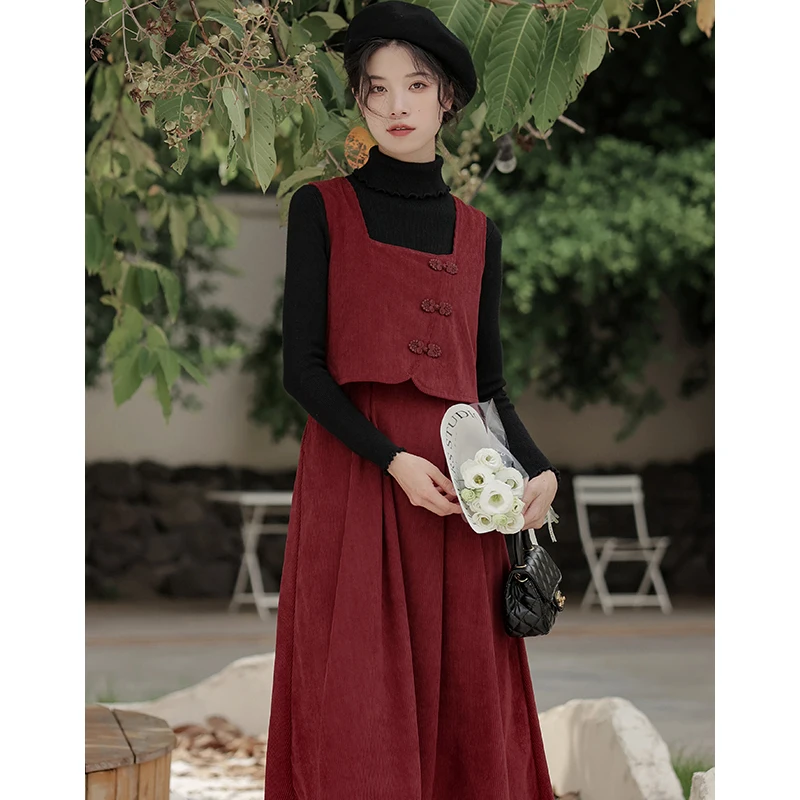 

Women's Loose Corduroy Thick Red Midi Bow Dress 2023 fashion women's Clothing