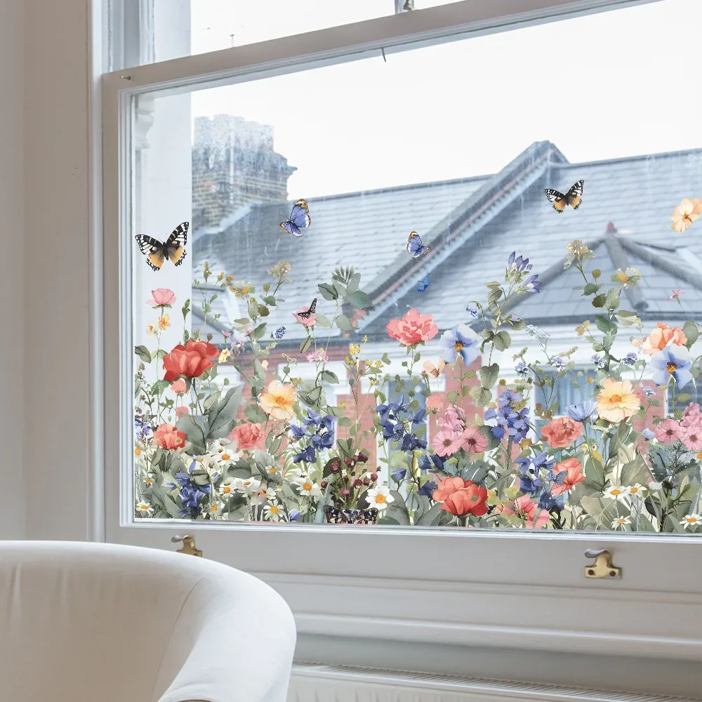 Colorful Plant Flowers Butterfly Glass Window Home Landscaping Decoration Electrostatic Uv Window Stickers 1PCS window stickers