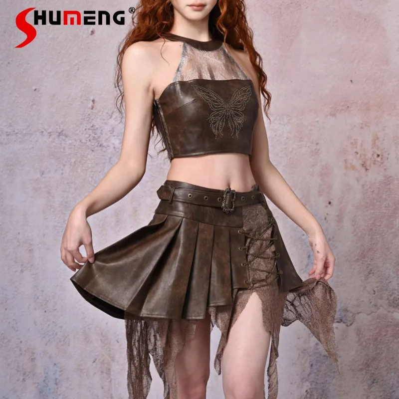 

2024 New Summer Japanese Mini Skirts Unique Design Retro Distressed Leather Stitching Irregular Pleated Skirt Women's Clothes
