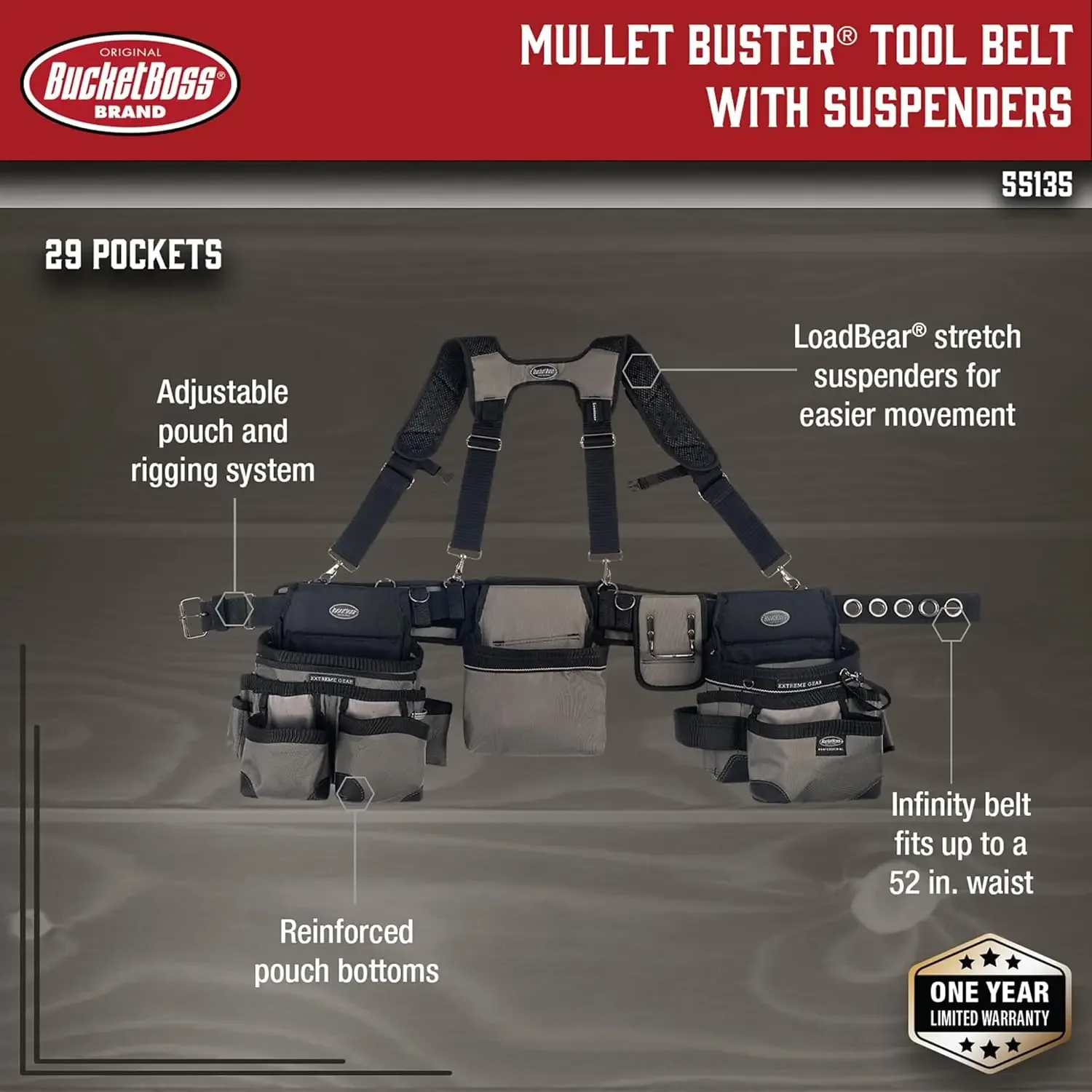 Boss Mullet Buster 3 Bag Tool Belt with Suspenders in Grey, 55135, Black, full size 2