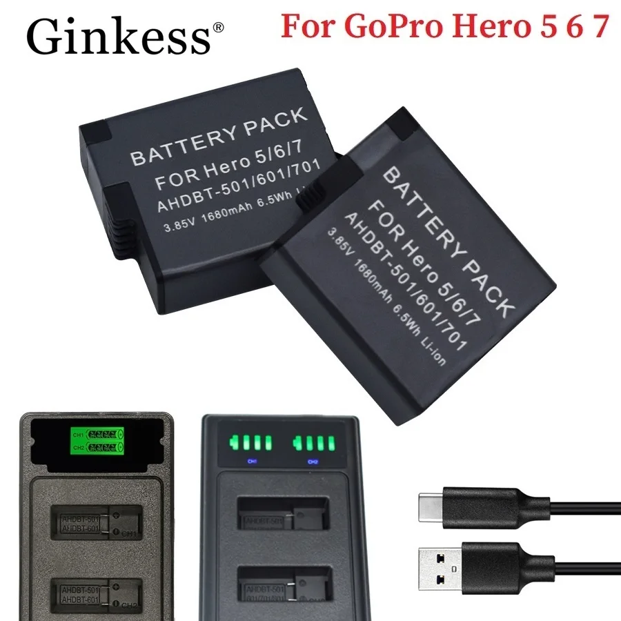 

1220mAh For GoPro Hero 5 6 7 Battery GoPro 7 Battery or Charger For GoPro 5 6 7 Black Camera Accessories 2PCS/Set