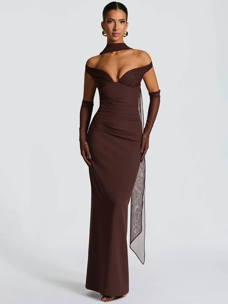 Mozision Scarf Collar Off-shoulder Sexy Maxi Dress Women Gown Fashion With Sleeve Strapless Backless Club Party Long Dresses