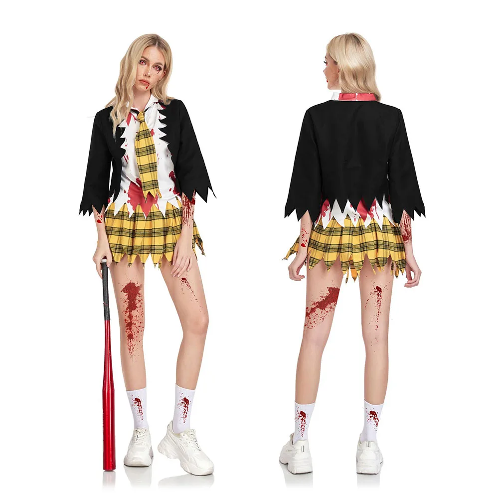 

Костюм для косплея зомби для взрослых, женский топ, юбка, пальто, галстук, ролевые игры, школьная форма, наряды, костюм для Хэллоуина, карнавала, фантазии, маскировка