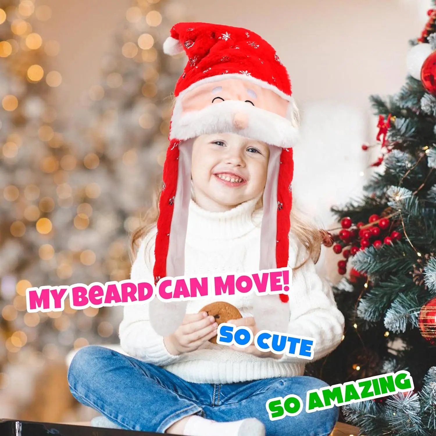 Santa Claus Christmas Hat Ear Moving Hat Cute Jumping up Soft with Bear Move Xmas Decoration Christmas Gift for Kids Adult