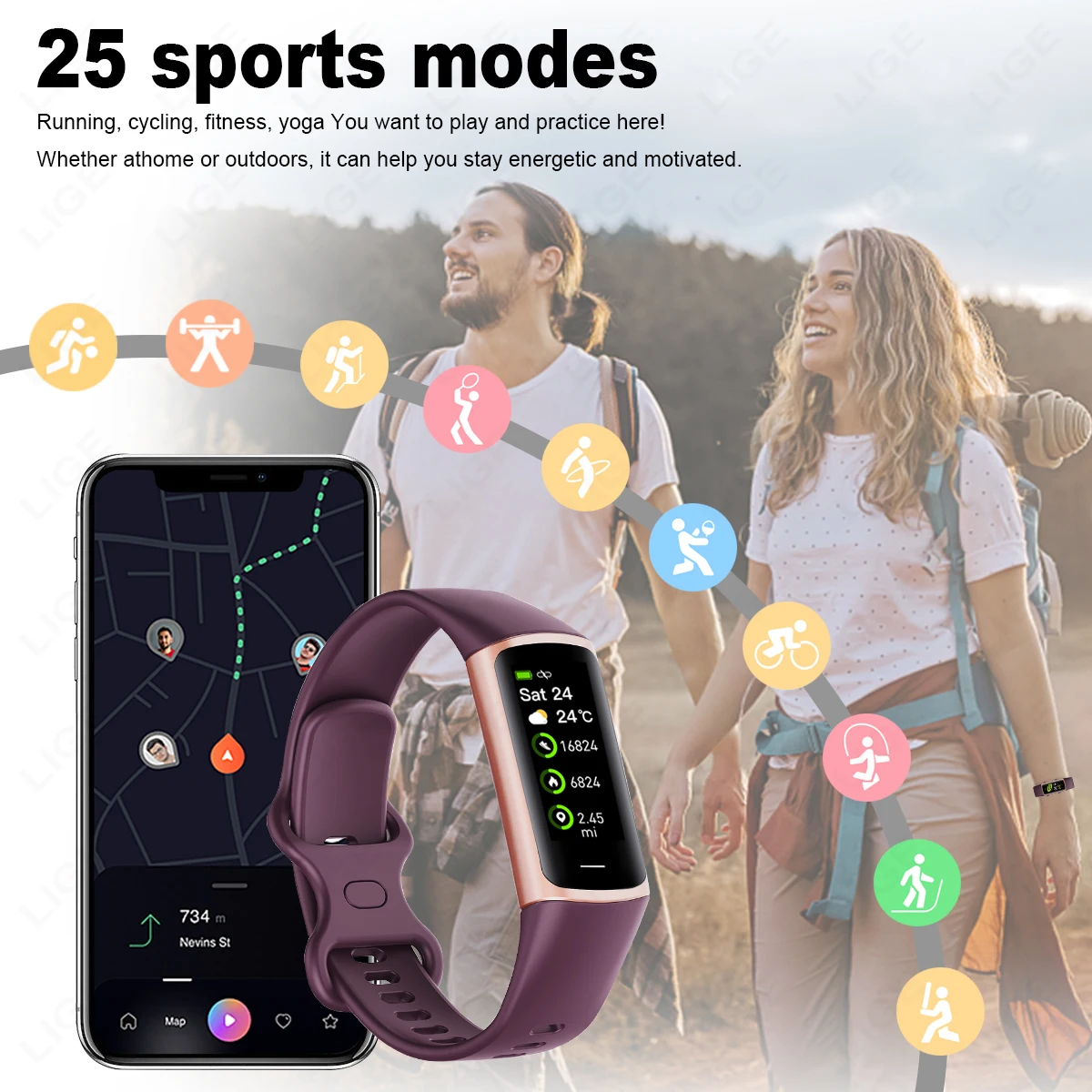 LIGE 1.1 인치 새로운 스포츠 스마트 밴드 피트니스 트래커 남자 여자 방수 연결 트래커 팔찌 Smartwatch For 안드로이드 ios