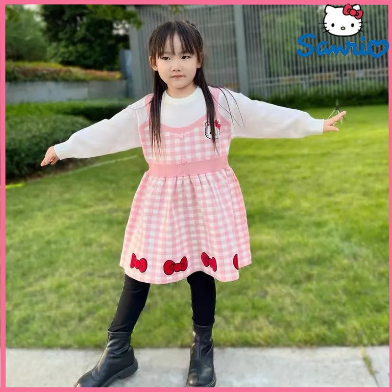 

Хит продаж, оригинальное платье-свитер Hello Kitty для девочек, осенне-зимнее вязаное платье принцессы, модный детский топ в клетку с бантом в виде кошки Kawaii Kt
