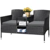 Outdoor Patio Loveseat Modern Rattan 2-Seat Patio Conversation Set with Cushions & Built-in Coffee Table Porch Furniture 2