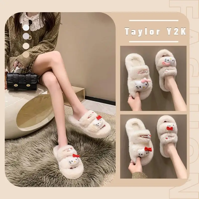

2023 Sanrio Hello Kitty Plush Slippers Anime Anti Slip Thick Sole Slippers Fashion Warm Comfortable Home Cotton Shoes Winter