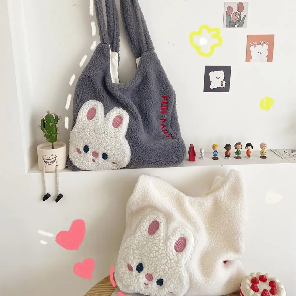

Lamb Plush Shoulder Bag Simple Large Capacity Embroidery Plush Doll Bag Purse Makeup Bag Cartoon Handbag Girl