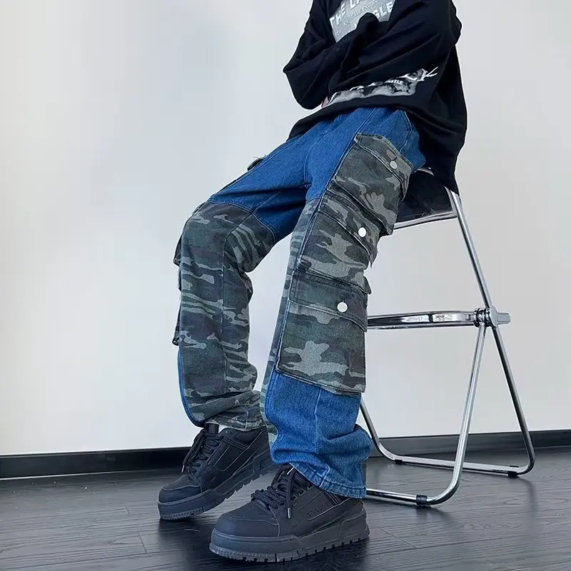 Y2K Men Techwear Streetwear Camouflage Patchwork Black Baggy Jeans Pocket Cargo Pants Man Women Denim Trousers Pantalones Hombre