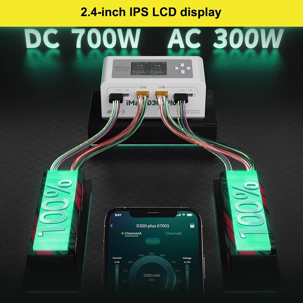 Câble USB-C branché sur le chargeur RC 1S 3.7V LiPo 2A, éclairé par une LED verte indiquant la mise sous tension