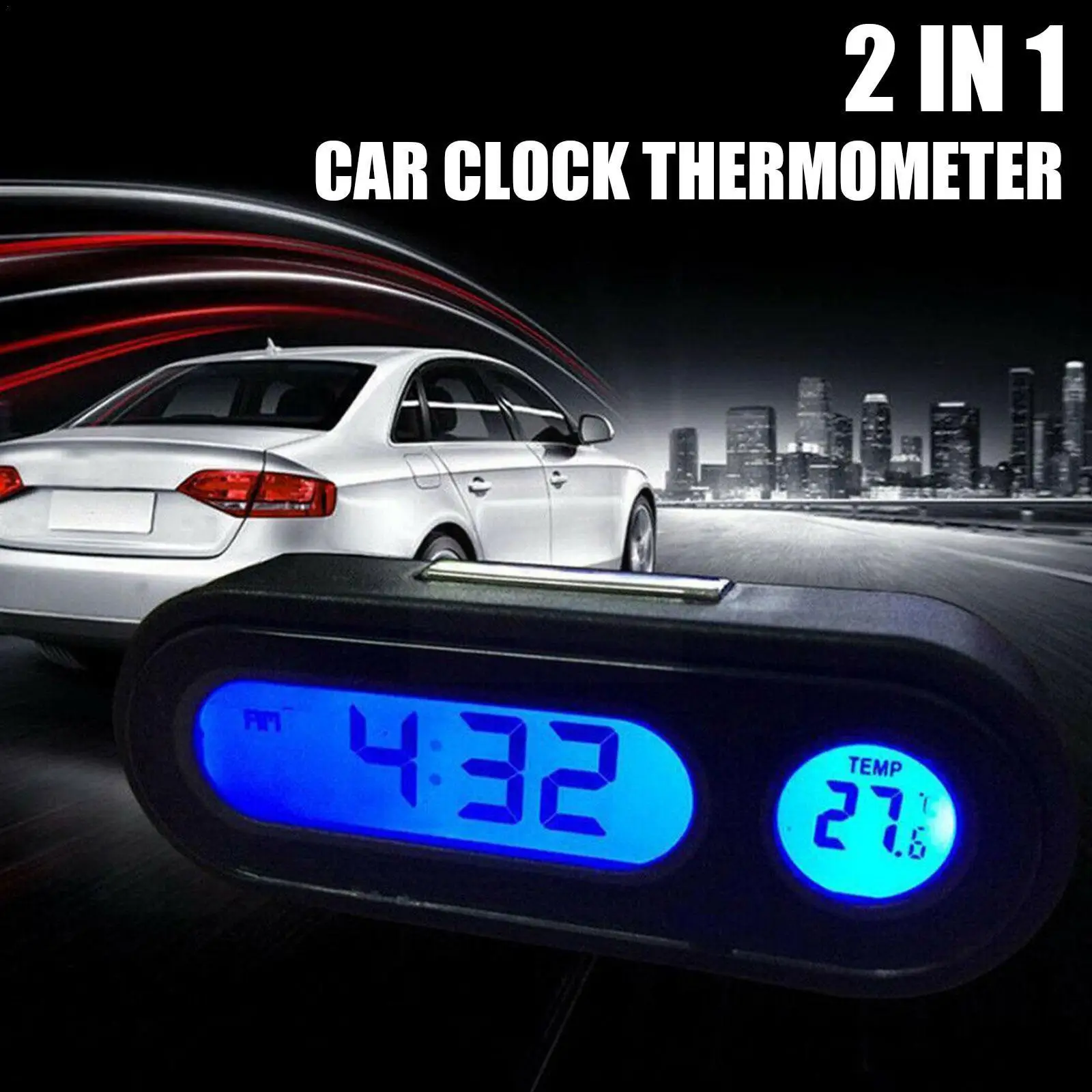 2 in1 Car Electronic Clock Luminous Thermometer LED Dashboard Display