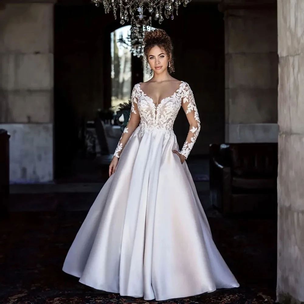 SoDigne Backless Boho Wedding Dresses With Pockets Long Sleeves V Neck Lace Bridal Dress Satin Bride Gowns Customized 17 S3acd8b44c7bb48f598b59a31476ff082o