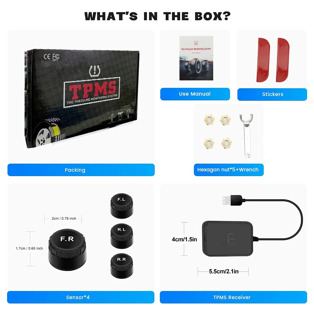 מערכת מעקב ללחץ בצמיגים USB TPMS Android עבור ניווט ברכב, רדיו, נגן DVD עם זיהוי חיישן חיצוני